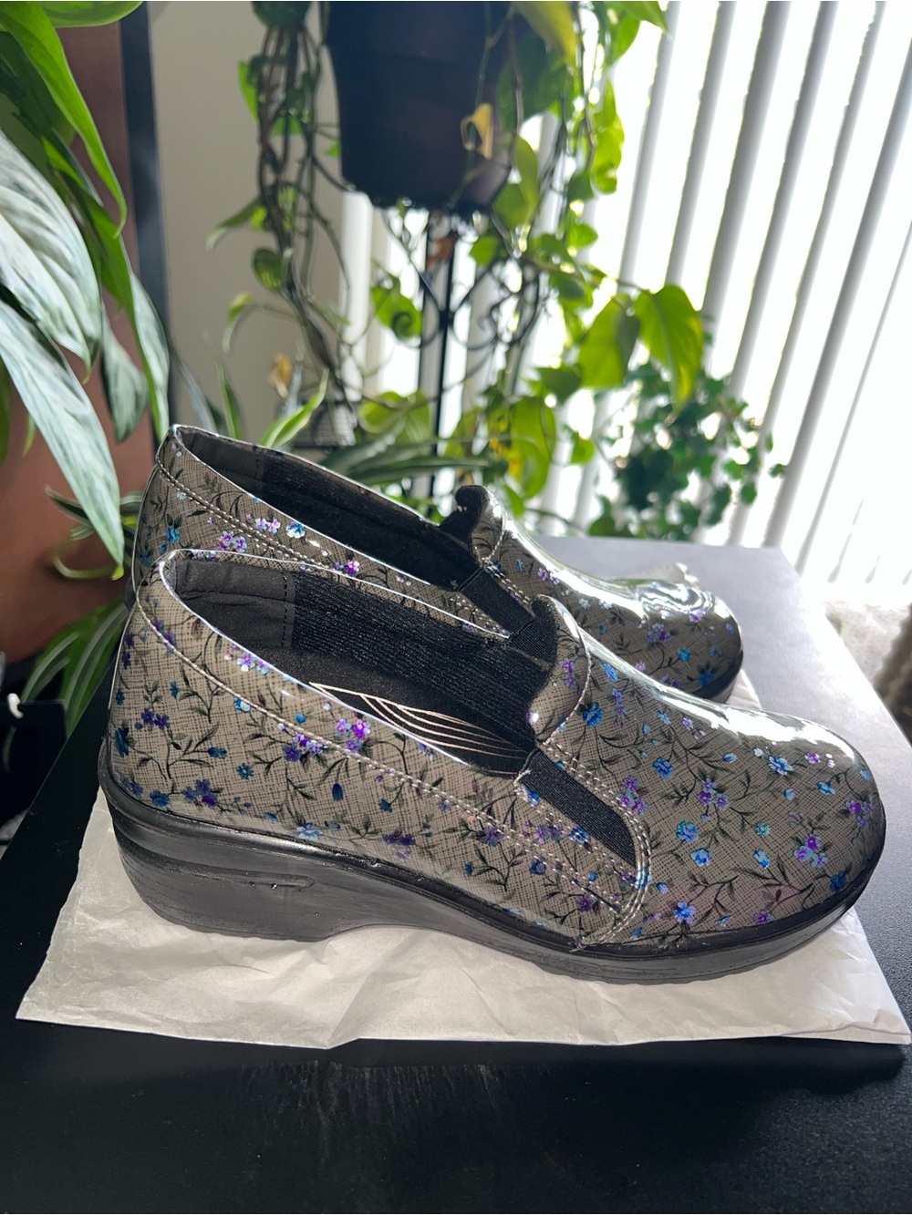 Comfort Slip-On Women's Shoes in Metallic Gray with Blue & Purple Floral Accents